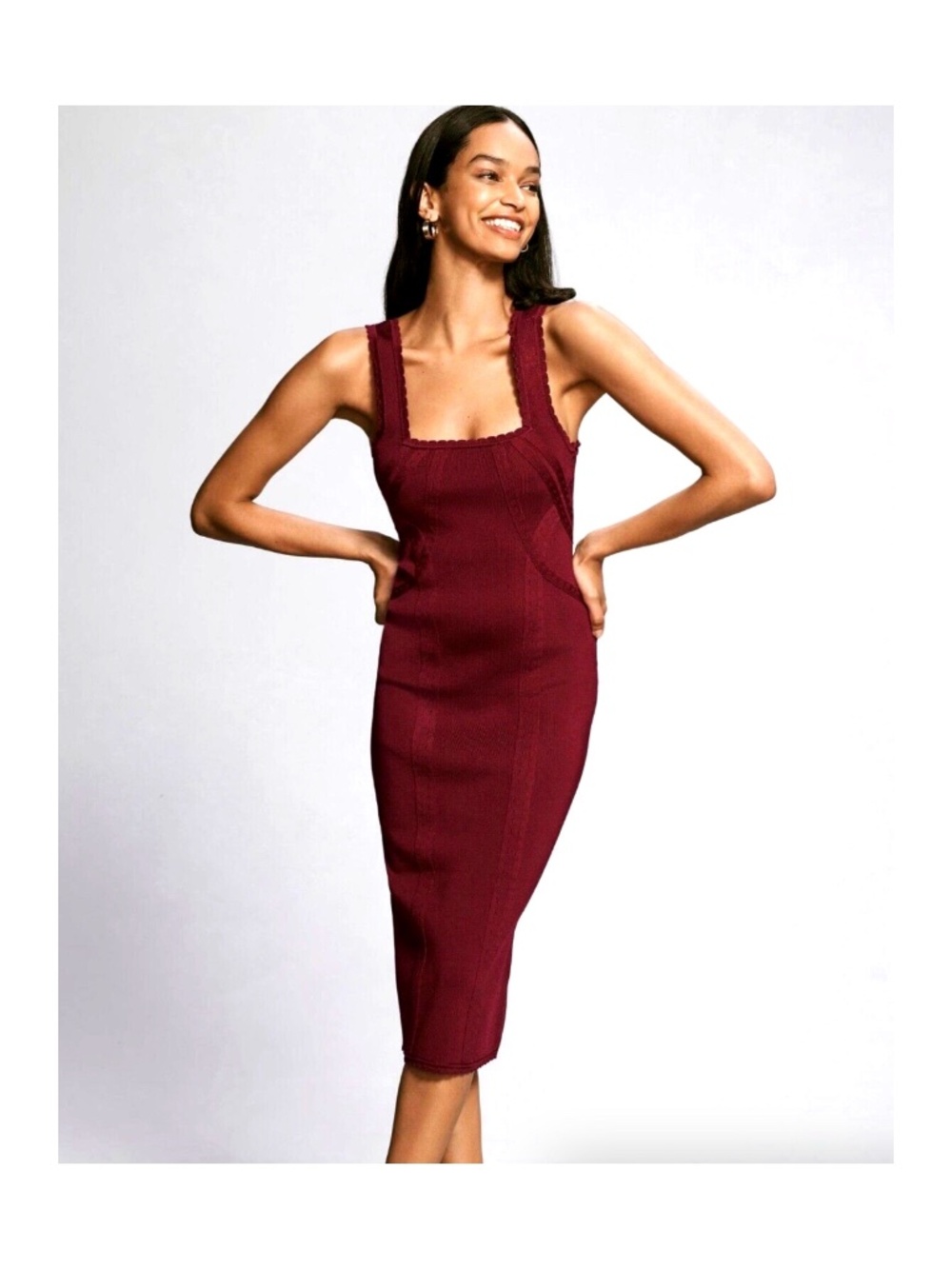 Anthropologie Siren Square Neck Knit Bodycon Midi Dress Wine Women's Size Large